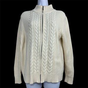 Vtg Lands End Cable Knit Sweater Cardigan‎ Sz M Ivory Full Zip Fisherman Chunky